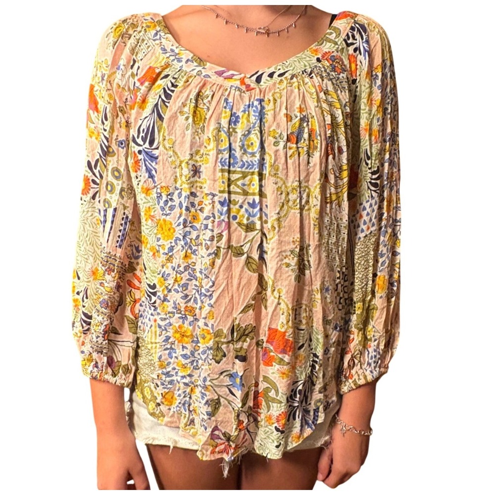Maeve Anthropologie Blouse Womens 2 Pink Floral Patchwork Excellent Boho Crochet